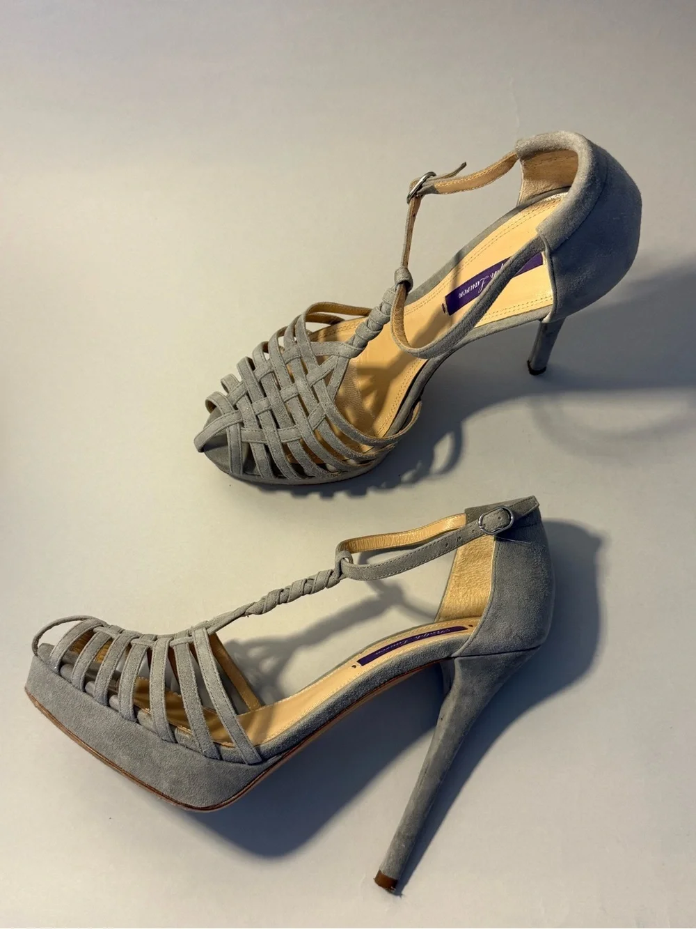 Ralph Lauren Gray Suede Woven T-Strap Heels